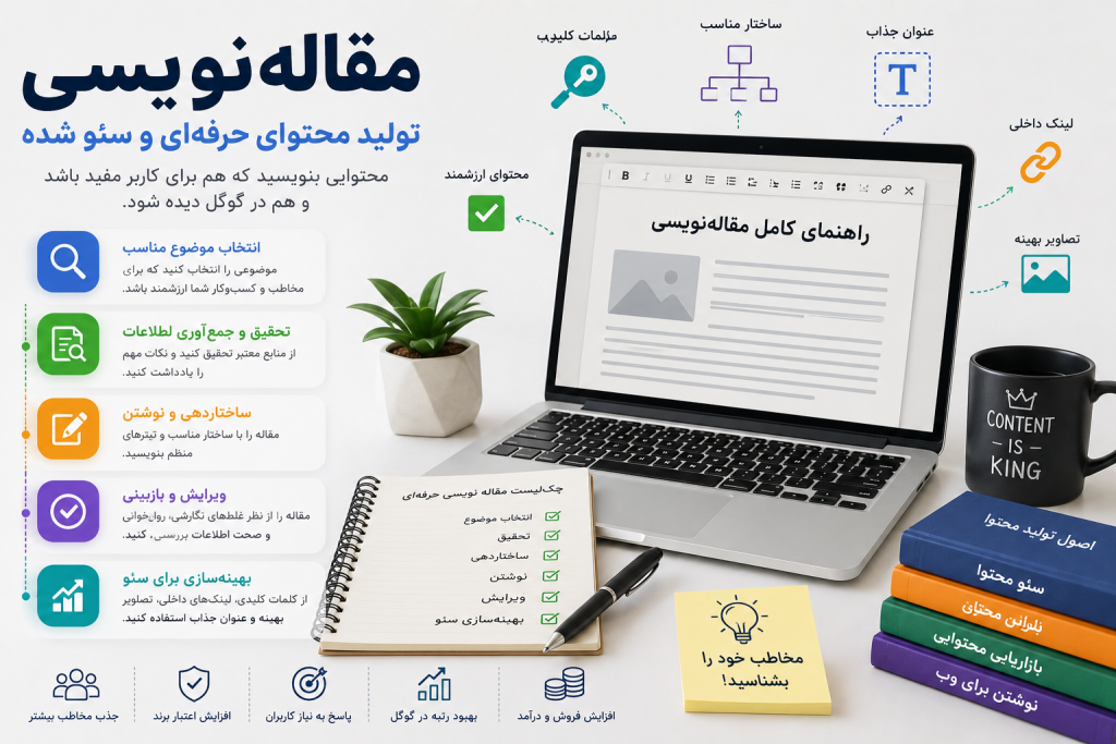 مقاله‌نویسی علمی چیست؟ با ساختار مقاله علمی، انتخاب موضوع، جستجوی منابع، روش تحقیق، ارجاع‌دهی و مراحل نوشتن مقاله برای دانشجویان و پژوهشگران آشنا شوید.